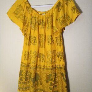 Lapogee Shirt Women L Short Ruffle Sleeve India Elephant Camel Gold Green